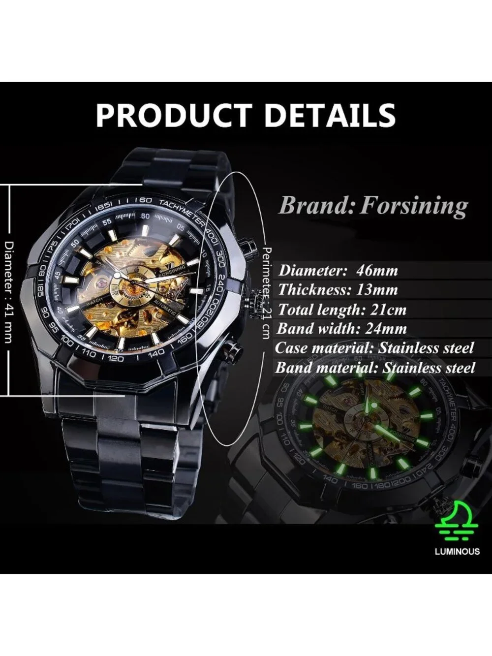 Men's Black Gold Self-Wind Skeleton Hollow Out Mechanical Automatic Luxury Watch